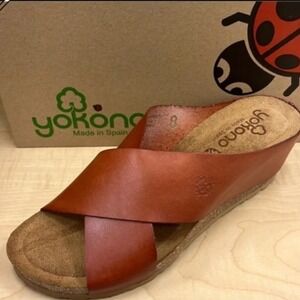 Yokono Womens Leather Wedge Slide Sandals Tan Brown Made in Spain 7.5